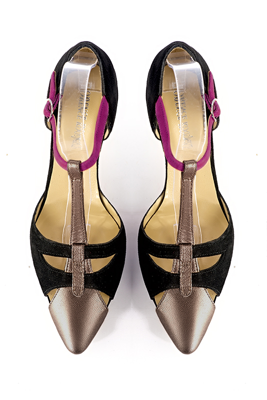 Chaussure femme à brides : Salomé côtés ouverts couleur or mordoré, noir mat et violet myrtille. Bout effilé. Talon mi-haut virgule. Vue du dessus - Florence KOOIJMAN