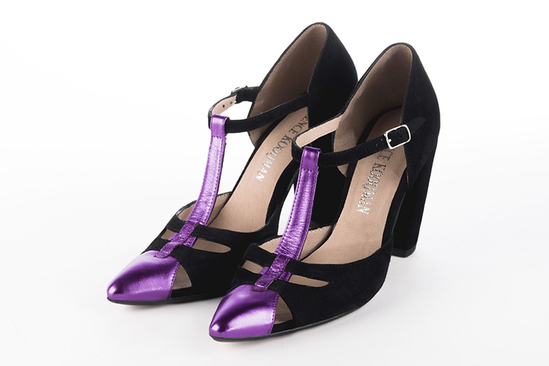 Chaussure femme à brides : Salomé côtés ouverts couleur violet outremer et noir mat. Bout effilé. Talon très haut bottier Vue avant - Florence KOOIJMAN