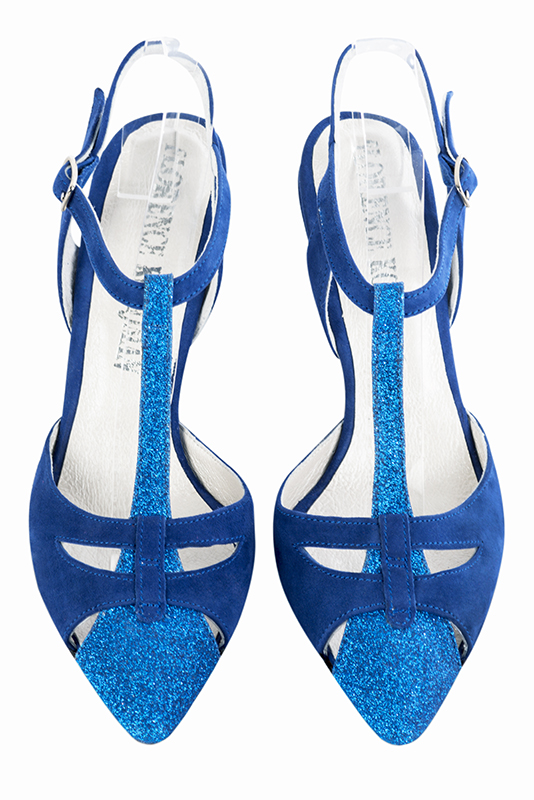 Chaussure femme à brides : Salomé ouverte à l'arrière couleur bleu électrique. Bout effilé. Talon haut fin. Vue du dessus - Florence KOOIJMAN