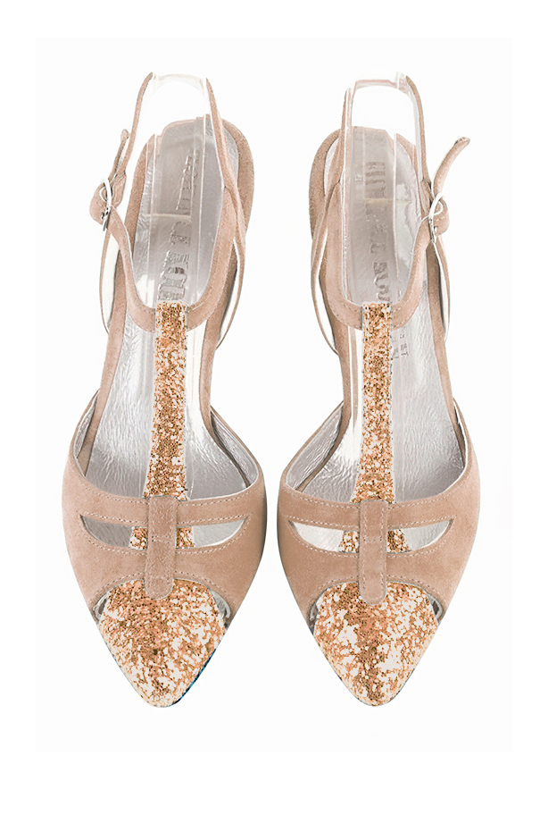 Chaussure femme à brides : Salomé ouverte à l'arrière couleur rose poudré et beige biscuit. Bout effilé. Talon haut fin. Vue du dessus - Florence KOOIJMAN