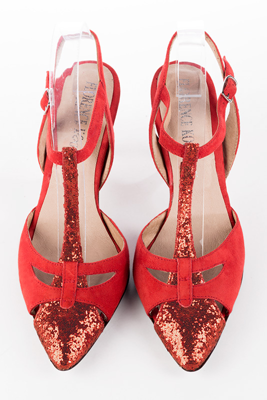Chaussure femme à brides : Salomé ouverte à l'arrière couleur rouge coquelicot. Bout effilé. Talon haut bobine. Vue du dessus - Florence KOOIJMAN