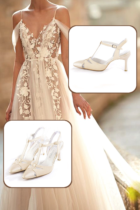 Chaussures salomé femme ouvertes à l'arrière or et beige vanille. Bout effilé. Talon fin de 8 cm - Vue porté