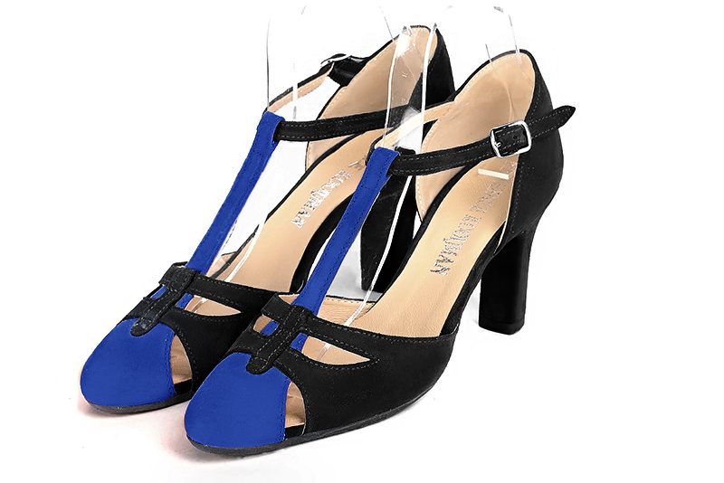Chaussure femme à brides : Salomé côtés ouverts couleur bleu électrique et noir mat. Bout rond. Talon haut trotteur Vue avant - Florence KOOIJMAN