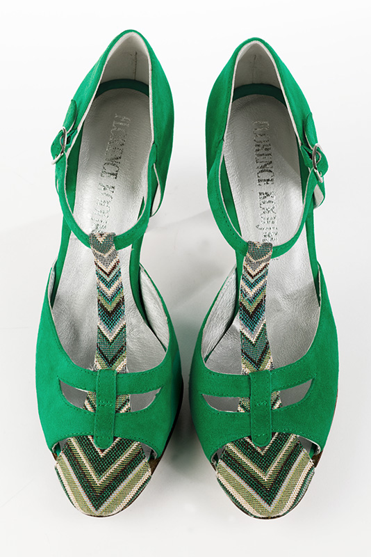 Chaussure femme à brides : Salomé côtés ouverts couleur vert émeraude. Bout rond. Talon très haut bottier. Vue du dessus - Florence KOOIJMAN