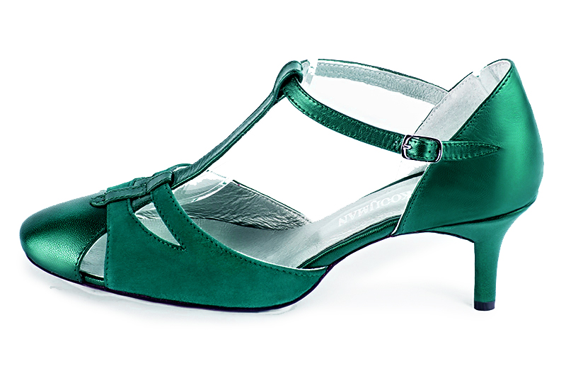 Chaussure femme à brides : Salomé côtés ouverts couleur vert émeraude. Bout rond. Talon mi-haut fin. Vue de profil - Florence KOOIJMAN