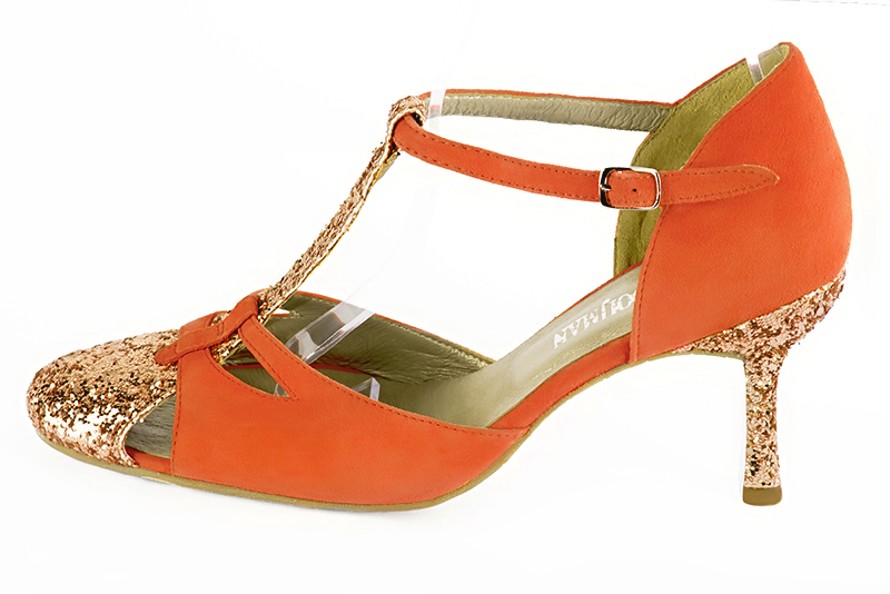 Chaussure femme à brides : Salomé côtés ouverts couleur or cuivré et orange clémentine. Bout rond. Talon haut fin. Vue de profil - Florence KOOIJMAN