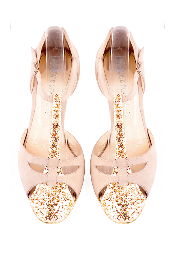 Chaussure femme à brides : Salomé côtés ouverts couleur rose poudré. Bout rond. Talon mi-haut bottier. Vue du dessus - Florence KOOIJMAN