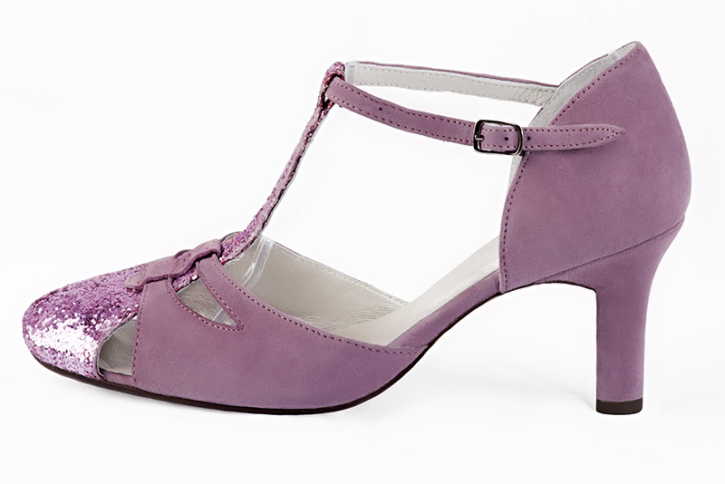 Chaussure femme à brides : Salomé côtés ouverts couleur rose pétunia et violet mauve. Bout rond. Talon haut trotteur. Vue de profil - Florence KOOIJMAN