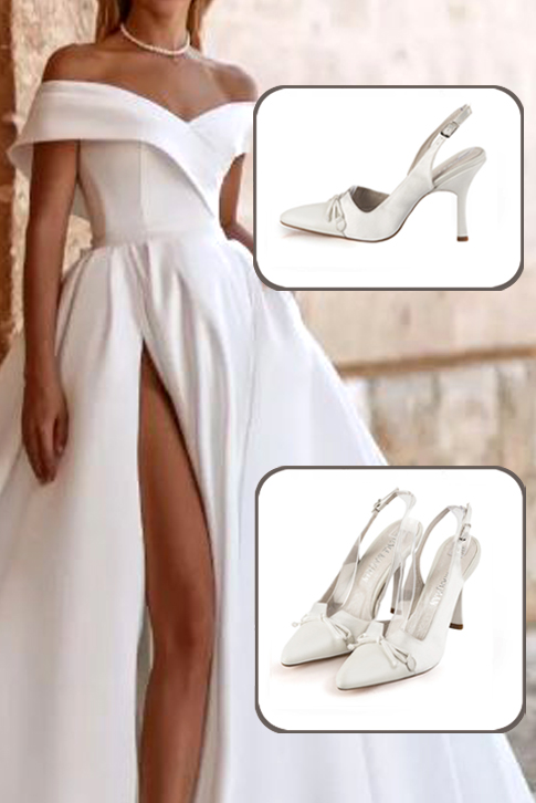 Escarpins bride arrière avec un noeud blanc pur. Bout effilé. Talon bobine de 9.5 cm - Vue porté