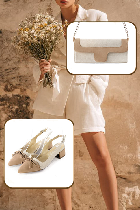 Escarpins bride arrière avec un noeud beige biscuit et beige naturel. Bout effilé. Talon évasé de 3.5 cm - Vue porté