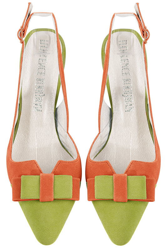 Chaussure femme à brides :  couleur vert pistache et orange clémentine. Bout effilé. Talon mi-haut fin. Vue du dessus - Florence KOOIJMAN