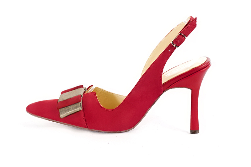 Chaussure femme à brides :  couleur rouge carmin et or doré. Bout effilé. Talon très haut bobine. Vue de profil - Florence KOOIJMAN