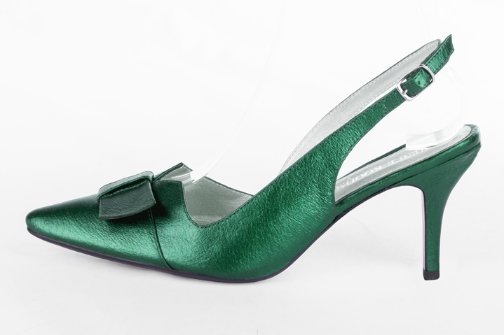 Chaussure femme à brides :  couleur vert émeraude. Bout effilé. Talon haut fin. Vue de profil - Florence KOOIJMAN