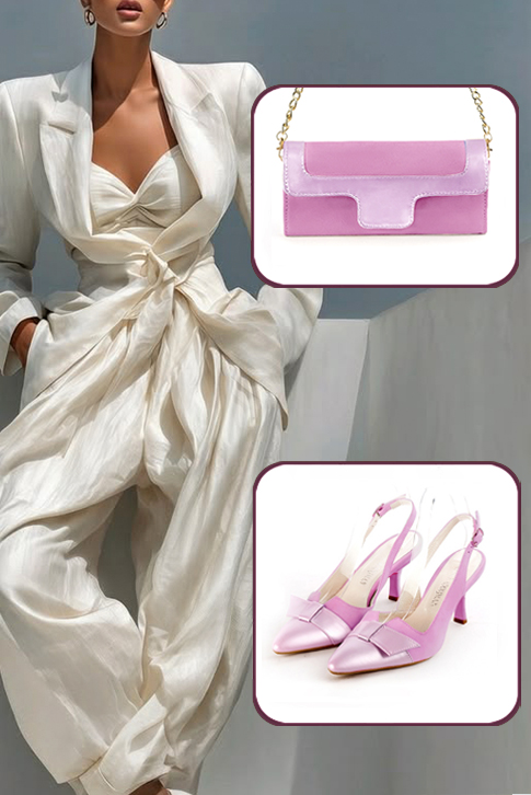 Escarpins bride arrière avec un noeud violet mauve. Bout effilé. Talon bobine de 7.5 cm - Vue porté
