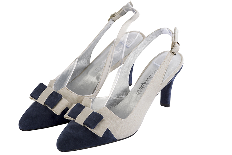 Chaussure femme à brides :  couleur bleu marine et gris perle. Bout effilé. Talon mi-haut fin Vue avant - Florence KOOIJMAN