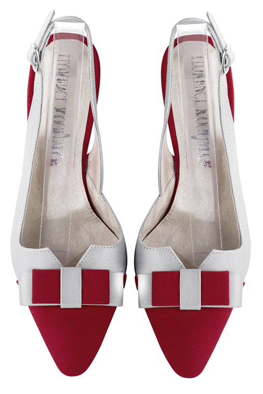 Chaussure femme à brides :  couleur rouge carmin et argent platine. Bout effilé. Talon haut fin. Vue du dessus - Florence KOOIJMAN