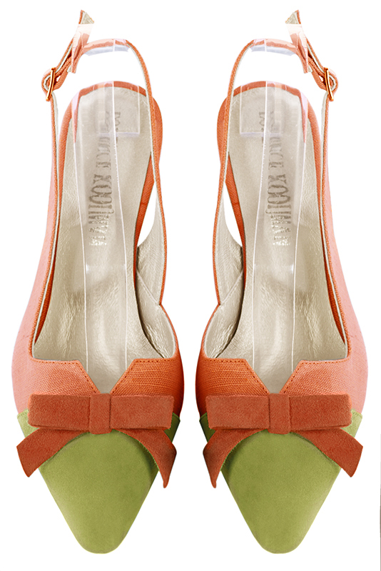 Chaussure femme à brides :  couleur vert pistache et orange pêche. Bout effilé. Talon mi-haut fin. Vue du dessus - Florence KOOIJMAN
