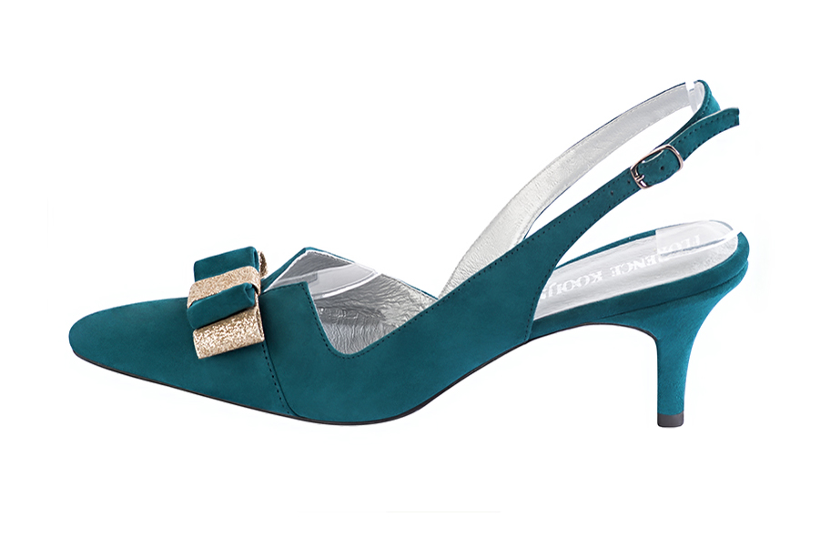 Chaussure femme à brides :  couleur bleu canard et or doré. Bout effilé. Talon mi-haut fin. Vue de profil - Florence KOOIJMAN