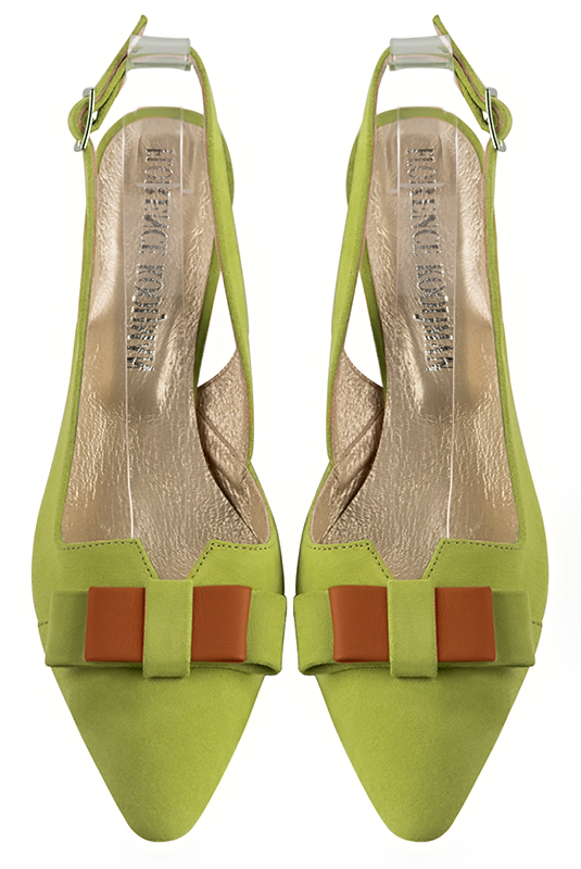 Chaussure femme à brides :  couleur vert pistache. Bout effilé. Talon haut fin. Vue du dessus - Florence KOOIJMAN