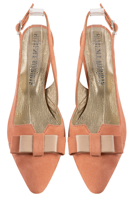 Chaussure femme à brides :  couleur orange pêche et rose poudré. Bout effilé. Talon haut fin. Vue du dessus - Florence KOOIJMAN