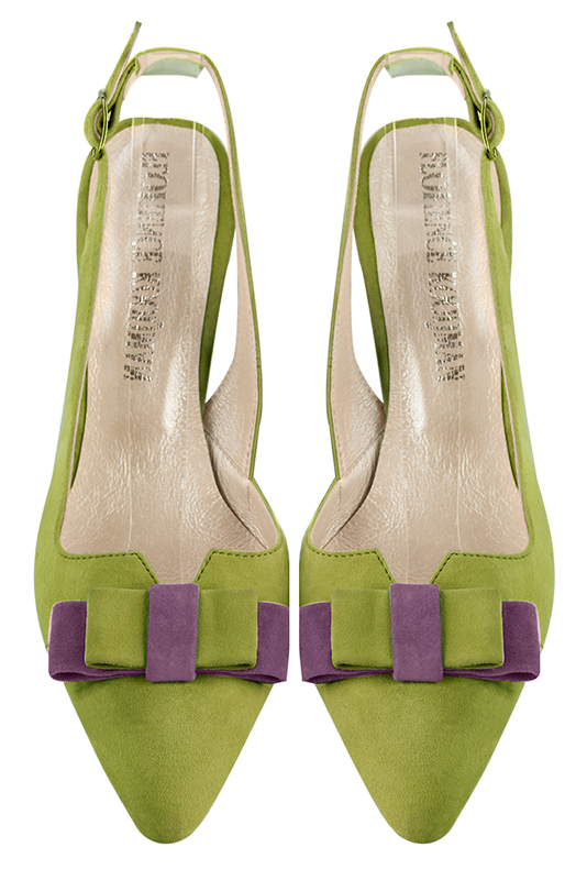 Chaussure femme à brides :  couleur vert pistache. Bout effilé. Talon mi-haut virgule. Vue du dessus - Florence KOOIJMAN