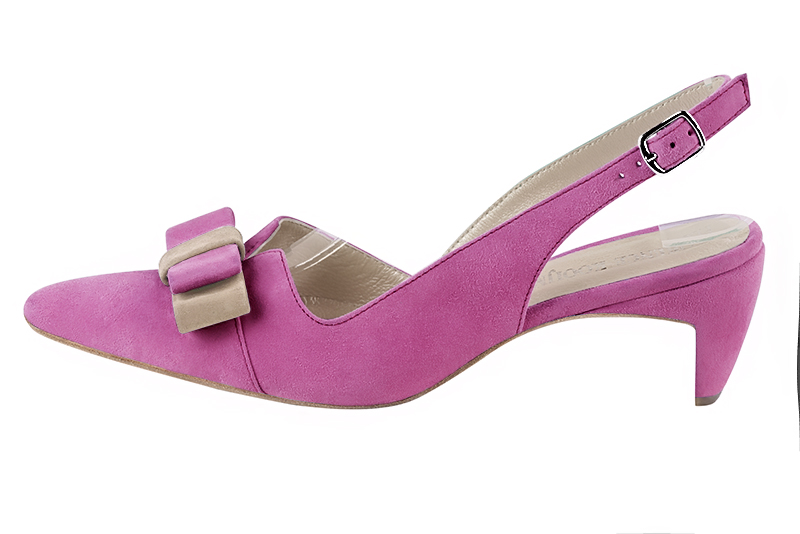 Chaussure femme à brides :  couleur rose pivoine. Bout effilé. Talon mi-haut virgule. Vue de profil - Florence KOOIJMAN
