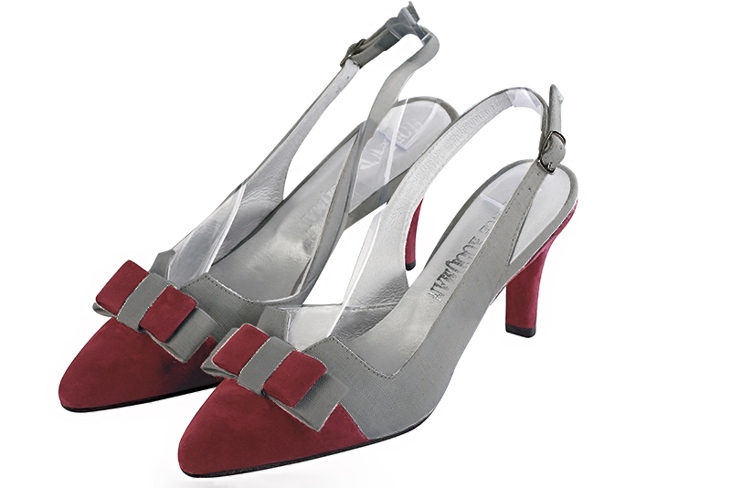 Chaussure femme à brides :  couleur rouge bordeaux et gris tourterelle. Bout effilé. Talon mi-haut fin Vue avant - Florence KOOIJMAN