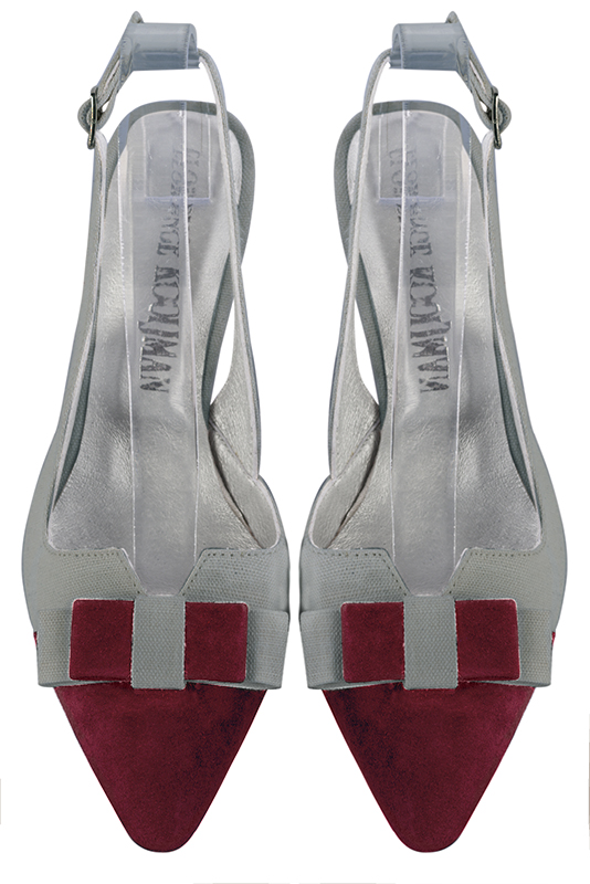 Chaussure femme à brides :  couleur rouge bordeaux et gris tourterelle. Bout effilé. Talon mi-haut fin. Vue du dessus - Florence KOOIJMAN