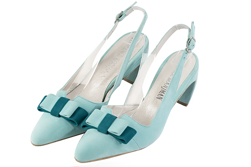 Chaussure femme à brides :  couleur bleu lagon. Bout effilé. Talon mi-haut virgule Vue avant - Florence KOOIJMAN