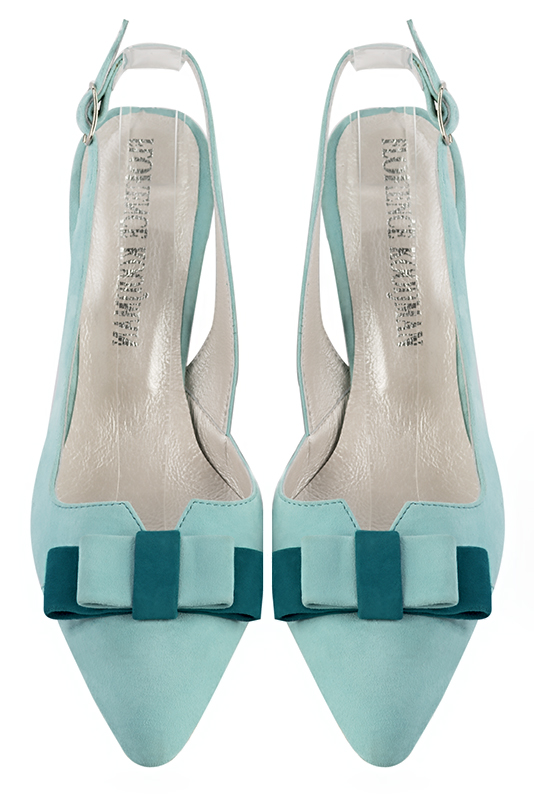 Chaussure femme à brides :  couleur bleu lagon. Bout effilé. Talon mi-haut virgule. Vue du dessus - Florence KOOIJMAN