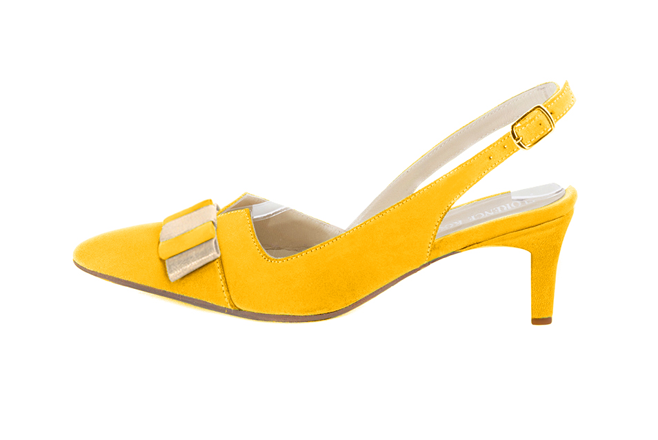 , coloris jaune soleil et or doré. Bout effilé. Mi-haut à haut. Talon bobine. Cérémonie, soirée, cocktail, évènementiel. Personnalisation : Choix des cuirs, 
                des couleurs et des talons. Petites et grandes pointures. - Florence KOOIJMAN