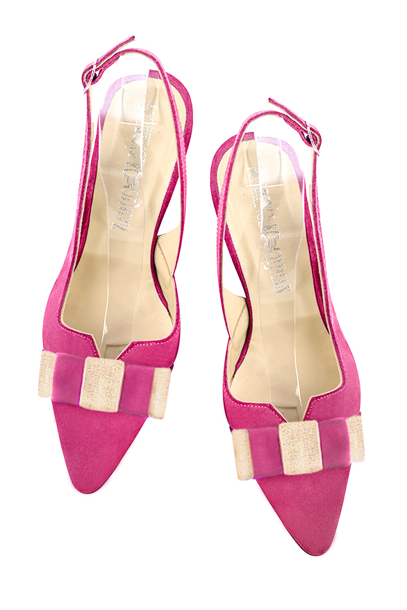 Chaussure femme à brides :  couleur rose fuchsia et or doré. Bout effilé. Talon mi-haut virgule. Vue du dessus - Florence KOOIJMAN