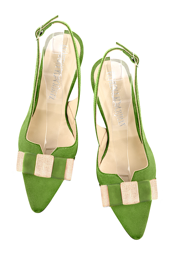 Chaussure femme à brides :  couleur vert anis et or doré. Bout effilé. Talon mi-haut bobine. Vue du dessus - Florence KOOIJMAN