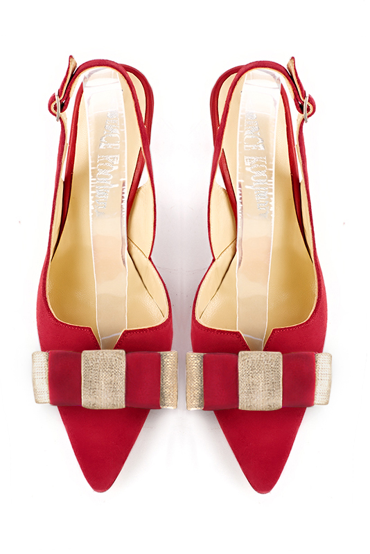 Chaussure femme à brides :  couleur rouge carmin et or doré. Bout effilé. Talon très haut bobine. Vue du dessus - Florence KOOIJMAN