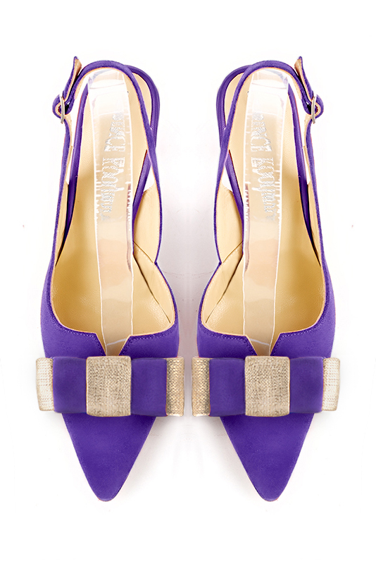 Chaussure femme à brides :  couleur violet outremer et or doré. Bout effilé. Talon très haut bobine. Vue du dessus - Florence KOOIJMAN