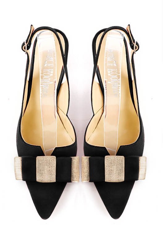 Chaussure femme à brides :  couleur noir mat et or doré. Bout effilé. Talon très haut bobine. Vue du dessus - Florence KOOIJMAN