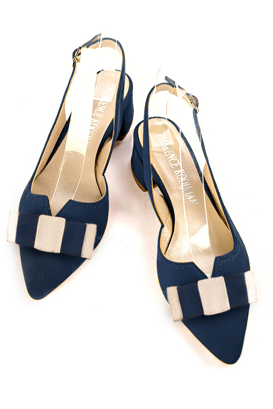Chaussure femme à brides :  couleur bleu marine et or doré. Bout effilé. Petit talon évasé. Vue du dessus - Florence KOOIJMAN