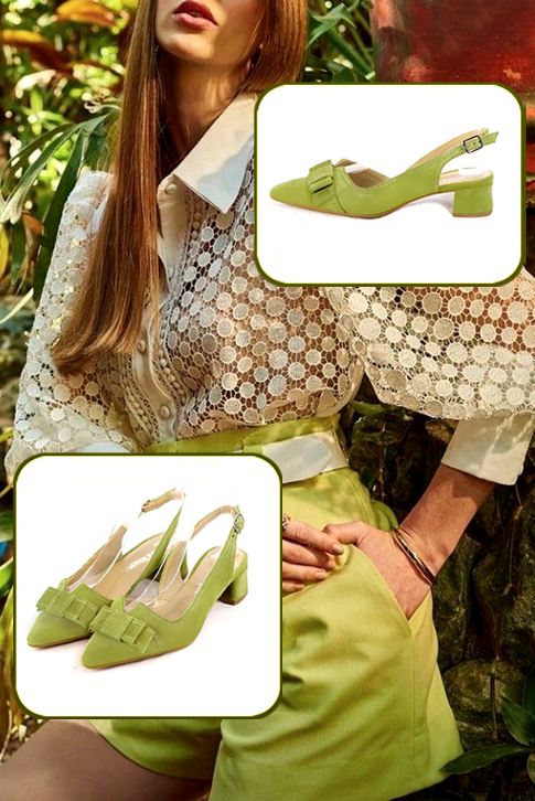 Escarpins bride arrière avec un noeud vert pistache. Bout effilé. Talon évasé de 3.5 cm - Vue du dessus