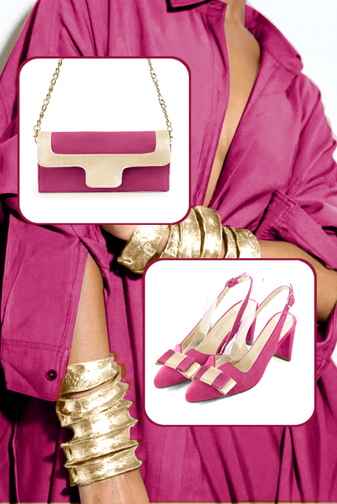 Escarpins bride arrière avec un noeud rose fuchsia et or. Bout effilé. Talon virgule de 6.5 cm - Vue du dessus