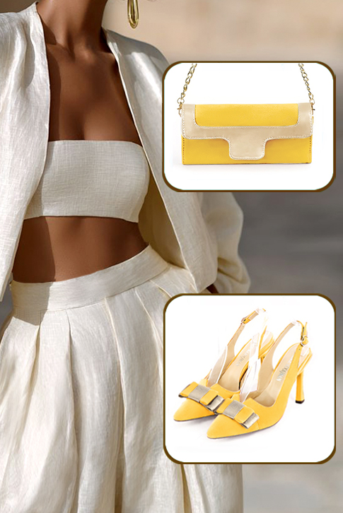 Escarpins bride arrière avec un noeud jaune et or. Bout effilé. Talon fin de 9.5 cm - Vue du dessus