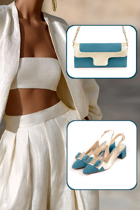 Escarpins bride arrière avec un noeud bleu canard et or. Bout effilé. Talon évasé de 3.5 cm - Vue porté