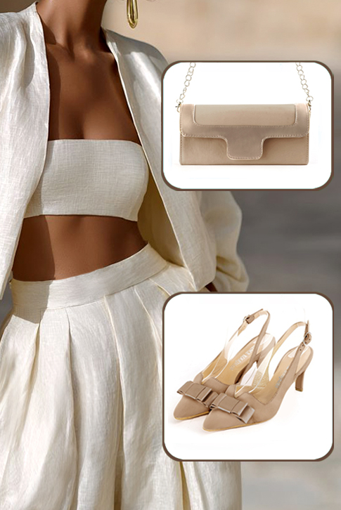 Escarpins bride arrière avec un noeud beige sahara. Bout effilé. Talon fin de 5.5 cm - Vue porté