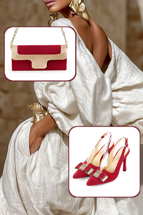 Escarpins bride arrière avec un noeud rouge carmin et or. Bout effilé. Talon bobine de 9.5 cm - Vue porté