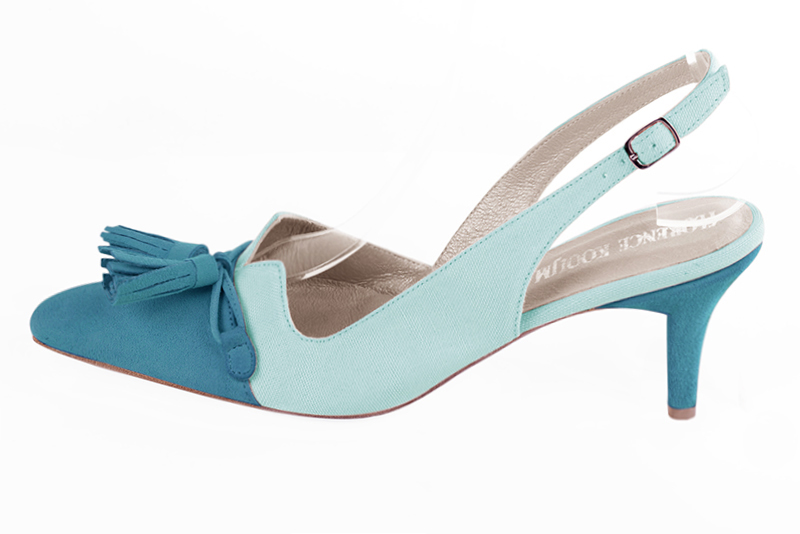 Chaussure femme à brides :  couleur bleu turquoise. Bout effilé. Talon mi-haut fin. Vue de profil - Florence KOOIJMAN