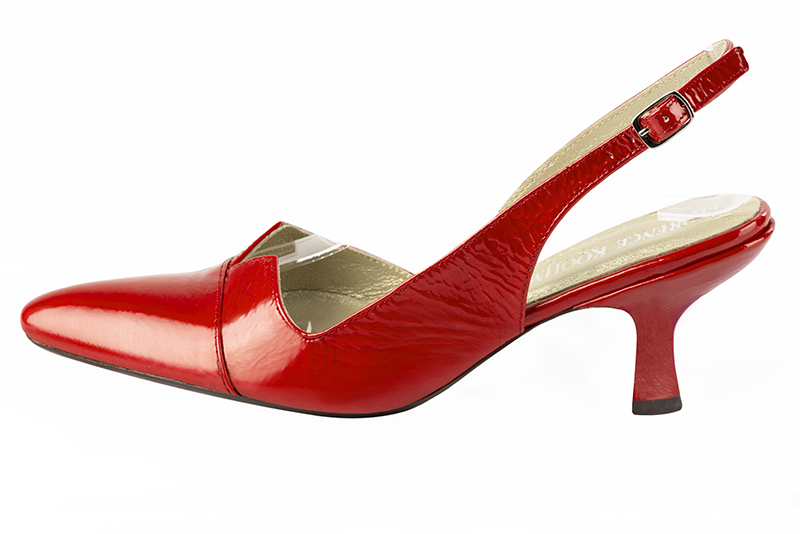 Chaussure femme à brides :  couleur rouge coquelicot. Bout effilé. Talon mi-haut bobine. Vue de profil - Florence KOOIJMAN