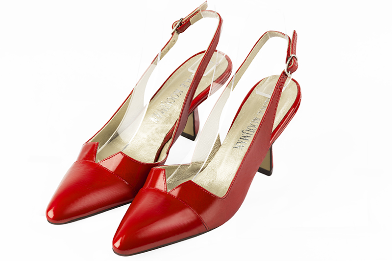 Chaussure femme à brides :  couleur rouge coquelicot. Bout effilé. Talon mi-haut bobine Vue avant - Florence KOOIJMAN