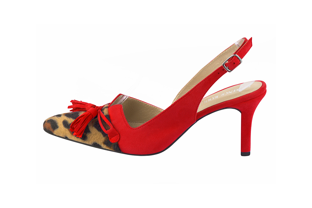 Chaussure femme à brides :  couleur noir safari et rouge coquelicot. Bout effilé. Talon haut fin. Vue de profil - Florence KOOIJMAN