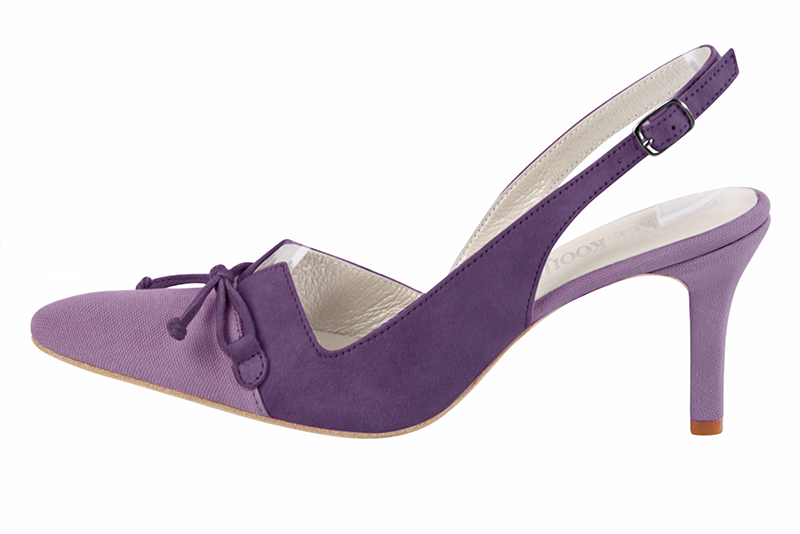 Chaussure femme à brides :  couleur violet améthyste. Bout effilé. Talon haut fin. Vue de profil - Florence KOOIJMAN