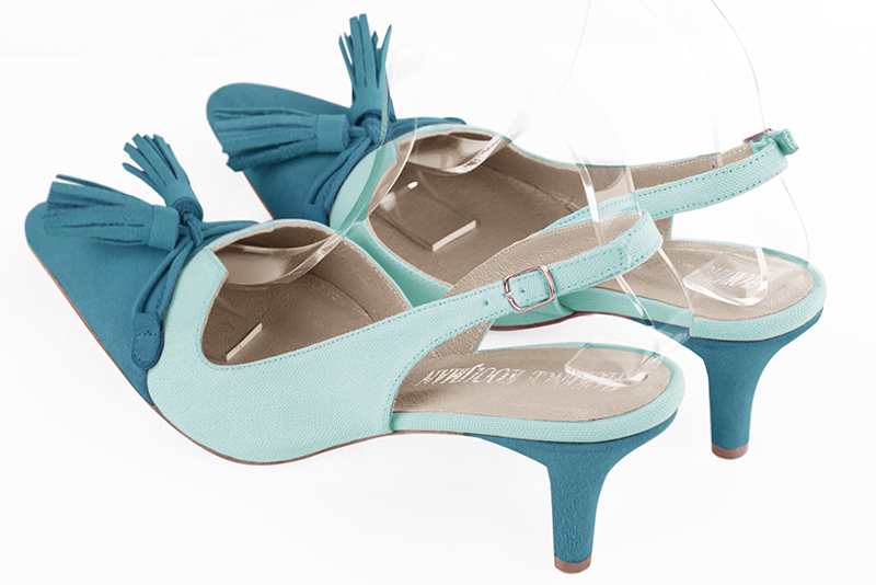 Chaussure femme à brides :  couleur bleu turquoise. Bout effilé. Talon mi-haut fin. Vue arrière - Florence KOOIJMAN