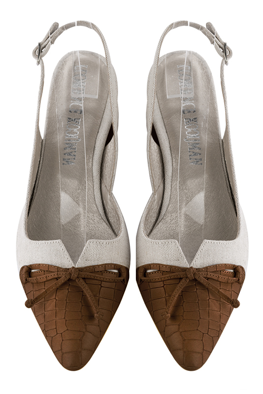 Chaussure femme à brides :  couleur marron caramel et beige naturel. Bout effilé. Petit talon évasé. Vue du dessus - Florence KOOIJMAN